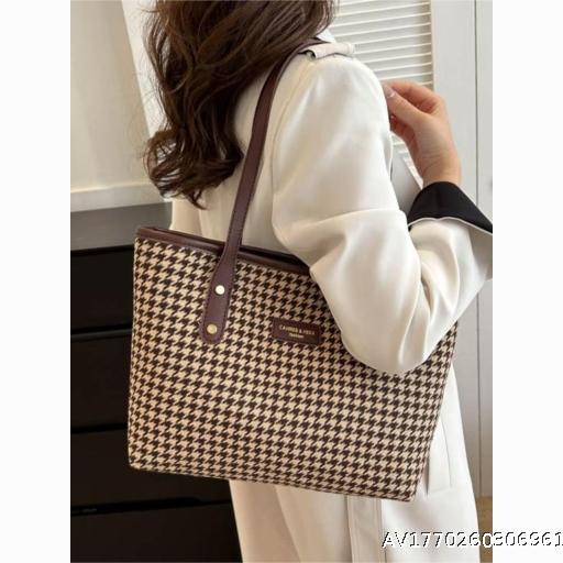 Thousand Bird Grid Bag, Women's Retro High Quality Texture Single Shoulder Commuter Large Capacity Handheld Tote Bag