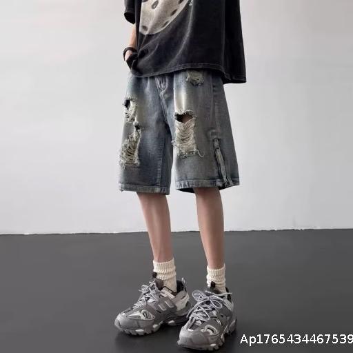  Men's Summer Loose High Street American Retro Straight Leg Pants with Piercing Cowboy Shorts