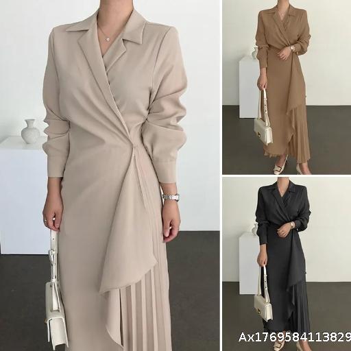 Women's Formal Elegant Shirt Dress Retro Long Solid Color Strap Skirt Long Waist Dress