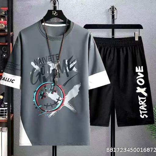 Summer Short sleeved New Men's Shorts Set Ice Silk Casual Fashion Trend Versatile Loose Youth Top