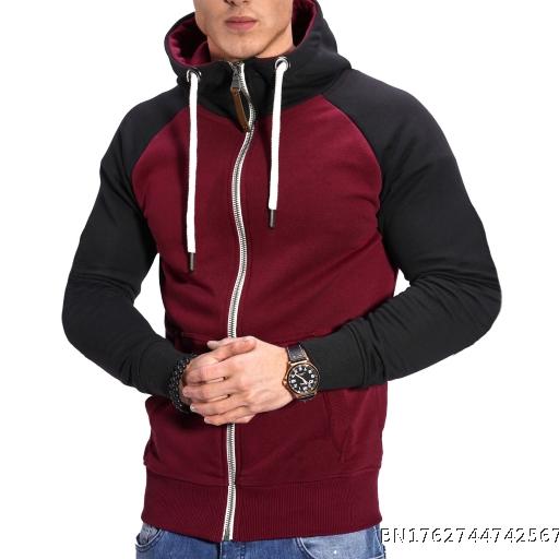 Men's raglan cardigan sweatshirt with casual and fashionable color blocking design, loose fit, sporty style men's hooded sweatshirt