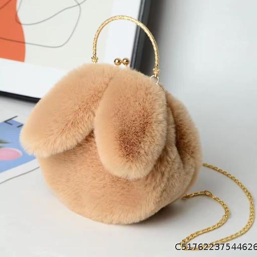 Plush shoulder bag, women's handbag, crossbody bag, chain phone bag, versatile and fashionable small round bag, rabbit ear clip bag