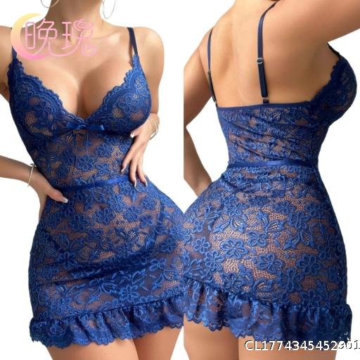 Sexy Underwear Deep V Lace Strap Skirt Lace Perspective Sexy Sleepwear Female Sexual Temptation