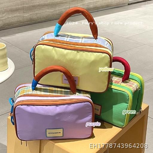  Grid Pattern Color Contrast Large Capacity Storage Makeup Bag, High end Portable Handheld Travel Washroom Storage Bag
