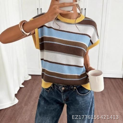 Round neck Knitted Vest Women's French Blue and White Stripe Contrast Sleeveless Top