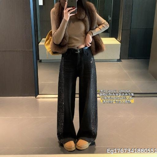 /Light Luxury Hot Diamond Decoration Wide Leg Pants Thickened with Velvet Warm Fashion Jeans Women's Trendy