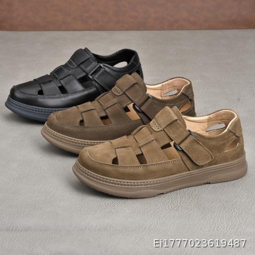 Soft Leather Comfortable Baotou Sandals 2026 Summer New Edition Genuine Leather Velcro Men's Comfortable Online Lightweight Men's Shoes