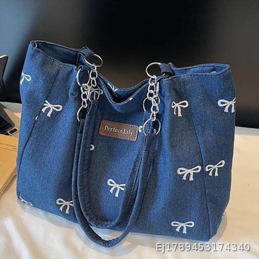  Cowboy Shoulder Bag, Women's Versatile Large Capacity Washed Canvas Bag, Japanese Blue Commuter Bag, Portable Shopping Bag