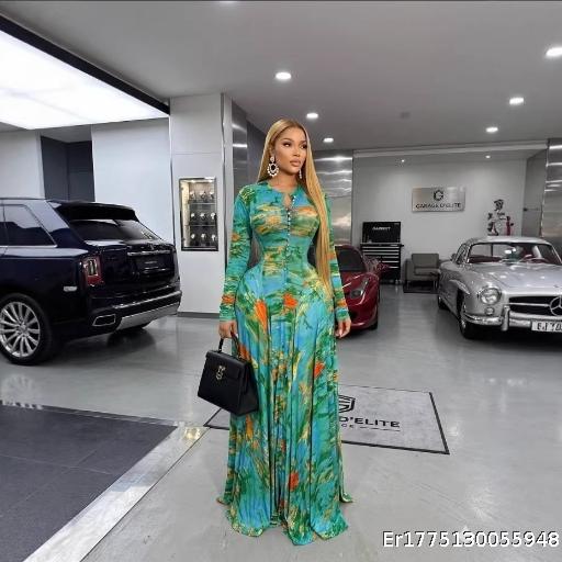 Temperament Round Neck Printed Single breasted Evening Dress Long Sleeve Dress