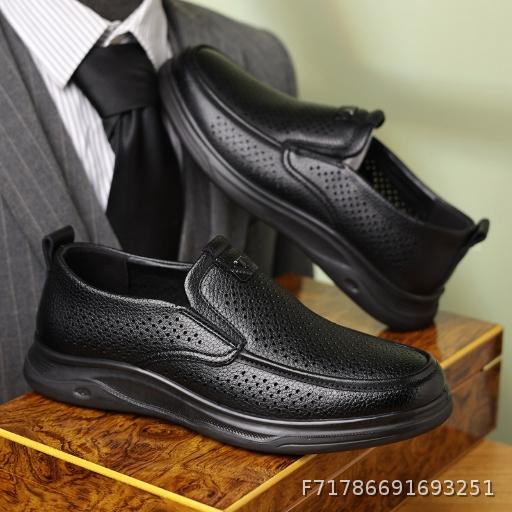  Summer Men's Shoes, Middle aged and Elderly, One Step Leather Breathable Men's Sandals, Leather Shoes, Soft soled Hollow Casual Shoes, Hole Shoes