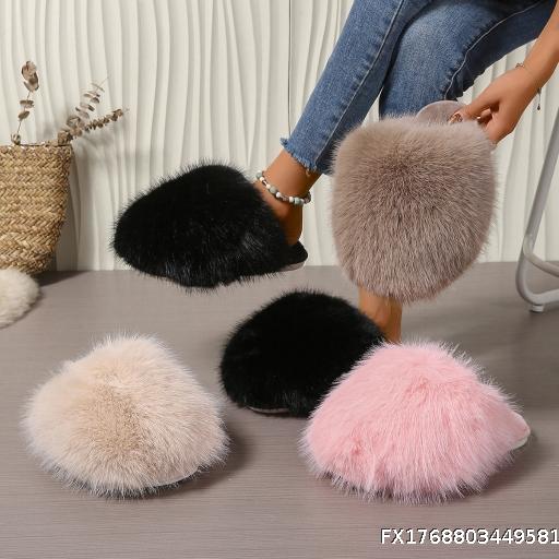 Large Solid Color Fluffy Big Hair Slippers Soft Bottom Flat Bottom Winter Baotou Home Warm Cotton Slippers