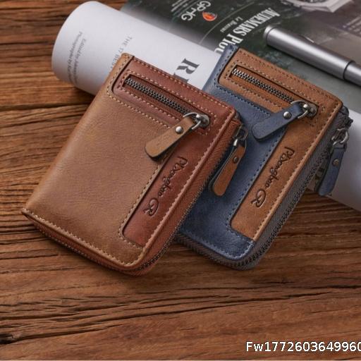 Men's Short Wallet Simple Multi functional Wallet Large Capacity Retro Zipper 2 Fold Wallet