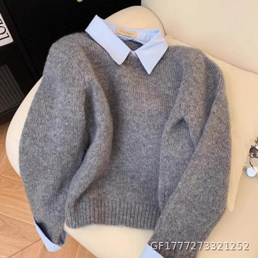  Fake Two piece Shirt, Collar, Sweater, Women's Autumn New Style Interior, Lazy Style, Contrasting Color, Collar, Grey Knitted Top