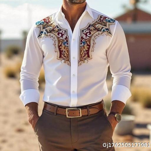 New Men's Fashion Shirt American Western Style Loose Printed Business Casual Long Sleeve Shirt for Men