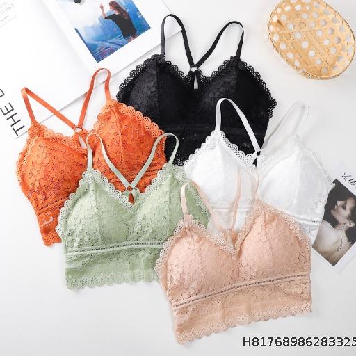  Sexy Lace Back Bra with No Steel Hoop and Chest Pads, Strap Strap with No Steel Hoop, Small Chest Gather, Rubble, Breathable Interior
