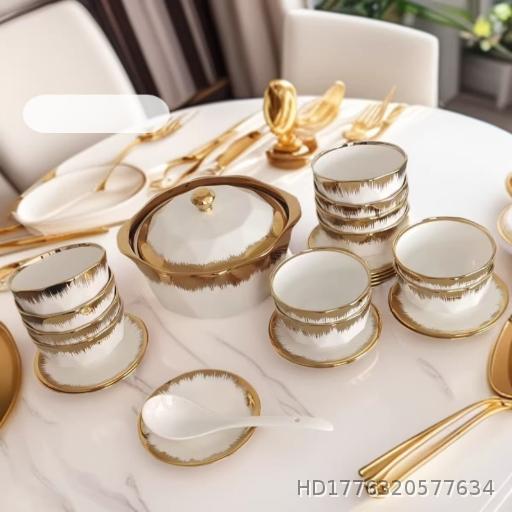  27 piece set of gold edged white ceramic tableware with lid, soup bowl, small rice bowl, matching plate&spoon, 27pcs set