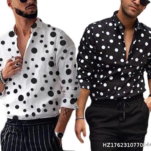 2025 Men's New Wave Dot Printed Casual Versatile Long Sleeve Shirt in Stock Trend