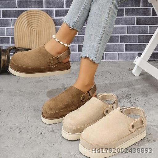  Autumn Slippers for Women, European and American Fashion, Versatile, Cowhide Velvet Thick Bottom, Magic Adhesive, Baotou Slippers