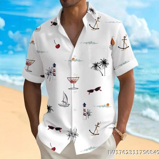 New Coconut Tree Gradient Print Men's Shirt, Summer Street Style Loose-fitting Shirt