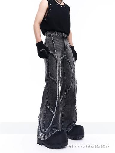  Deconstruction of niche trend, washed tassel, fringed design, jeans, men's and women's American high street curved knife straight leg long pants