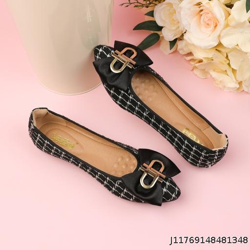 Soft soled bow pointed fashionable and versatile Thousand Bird Grid shallow mouth temperament women's flat shoes