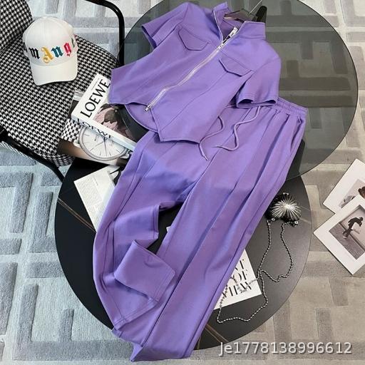 Summer Fashion Women's Flesh Covering Zipper Thin Short Sleeve Wide Leg Pants Casual Sports Set