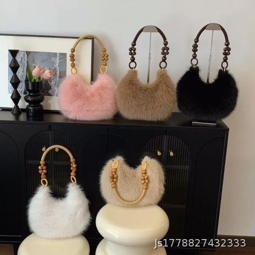 Autumn/Winter Wooden Bead Handheld Plush Shoulder Bag High Beauty Fashion Bag Versatile Plush Sweet Bag Female Cute