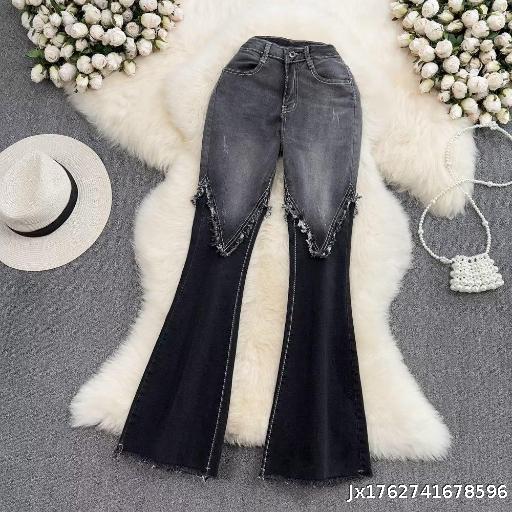 Splicing Color Fashionable Temperament Belly Pants Jeans Women's High Waist Slim Fit Show Thin Show High Elasticity Micro Belly Pants Long Pants