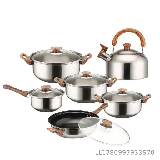  Cross border exclusive stainless steel cookware with wood grain handle and black handle set, kettle, milk pot, soup pot, frying pan, 12/18PCS