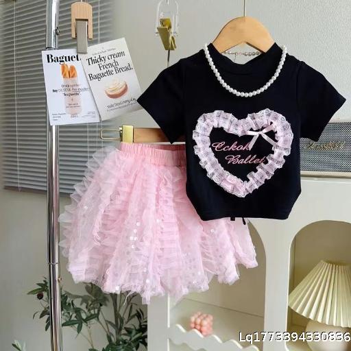 Korean version of girls' summer set, new children's clothing, fashionable and caring women's treasure short sleeved fluffy skirt two-piece set