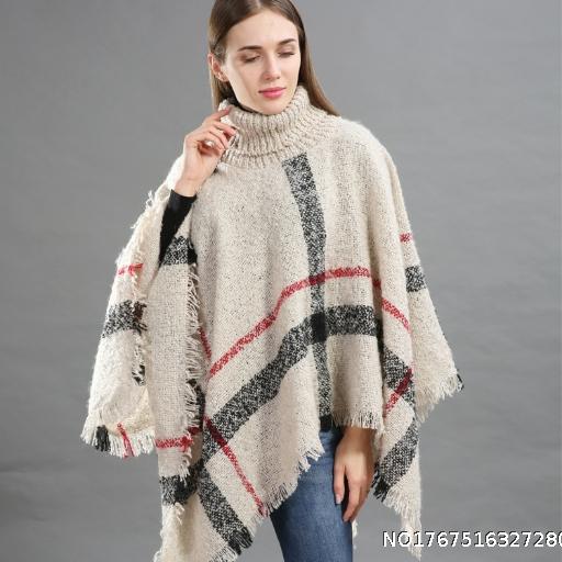 Autumn/Winter Large Loose Shawl Women's Cloak High Collar Checkered Warm Scarf Tassel Cloak