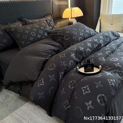  Black four piece washed cotton brushed bed sheet, duvet cover, bedsheet, high-end bedding