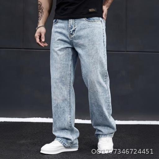 Men's Jeans Snow Washed Versatile Pants Men's Loose Straight Back Waist Head Elastic Waist