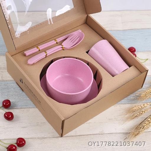 Wheat Straw Six piece Bowl Cup Plate Spoon Fork Chopstick Set Tableware Set