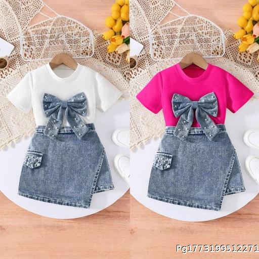 2026 Children's Clothing Children's Set Girls' Bow Pearl T-shirt+Fashion Cowboy Skirts Two Piece Set
