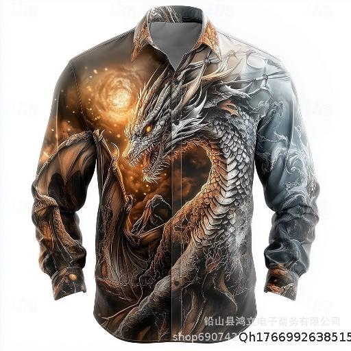 Men's Shirt - Outdoor Streetwear Style Long-Sleeved Printed Dragon Pattern Clothing - Fashion Streetwear