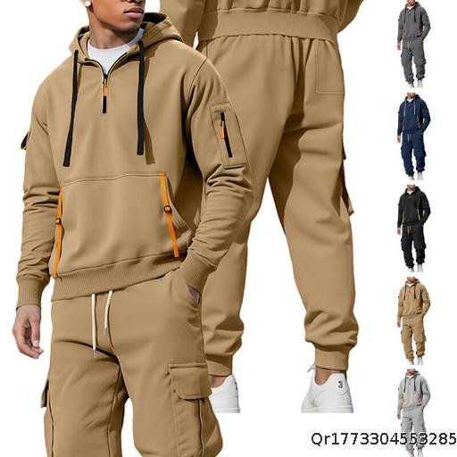 Autumn/Winter Men's Velvet Hoodie Fashion Hoodie Zipper Multi Pocket Kaha Special Agent Pants Set