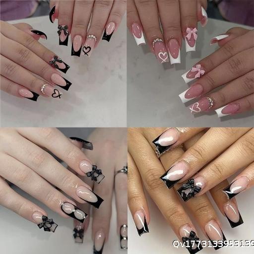 MOQ3, Best Sellers Set of 24 Cross-border Nail Art Stickers - Bow and French Design Long, Medium & Wearable Nail Pieces - Wholesale for Thumbnails Nails