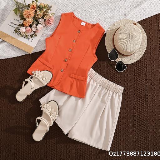 Girls' Set Summer New Style European and American Middle and Large Children's Fashion Slimming Vest Top Casual Shorts Two Piece Set