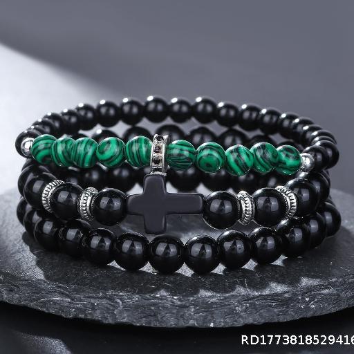 [Wholesale 5pcs] Accessories Black Cross Elastic Buddha Bead Bracelet Set Peacock Pattern Bead Hand String Jewelry Combination