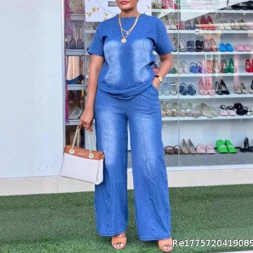 New Fashionable Water Washed Blue Loose Short Sleeve Cowboy Women's Set