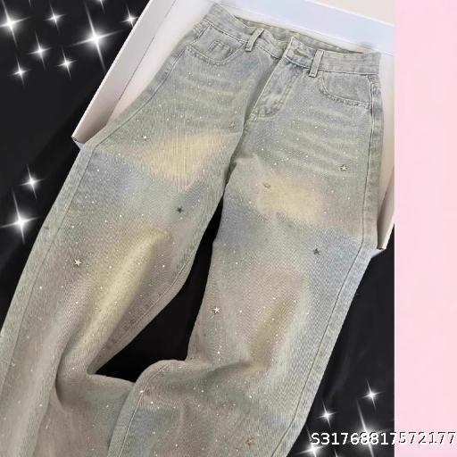 Light Blue Charm Star Hot Diamond Shining High Waist Skinny Jeans Women's New Wide Leg Pants Trendy