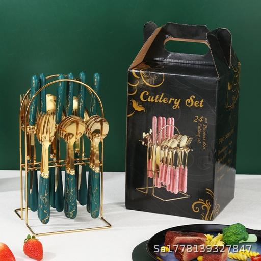  Spoon Stainless Steel Tableware 24 Piece Set, Imitation Porcelain Marble Pattern Knife, Fork, Spoon Gift Box Set with Hanger