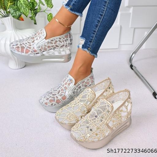 Summer New Casual Single Shoe Slope Heel Thick Bottom Set Foot Single Shoe Mesh Breathable Glitter Women's Shoes