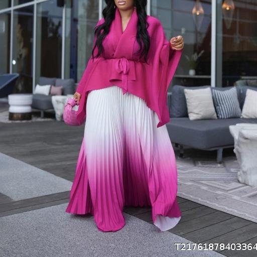 African pleated irregular lace up top gradient skirt set two-piece set