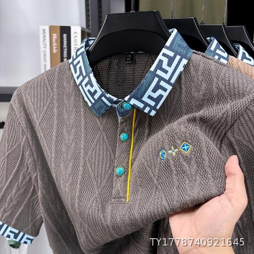  Short sleeved T-shirt, men's autumn knitted sweater, embroidered pattern, color blocked, middle-aged and young dad outfit, jacquard top