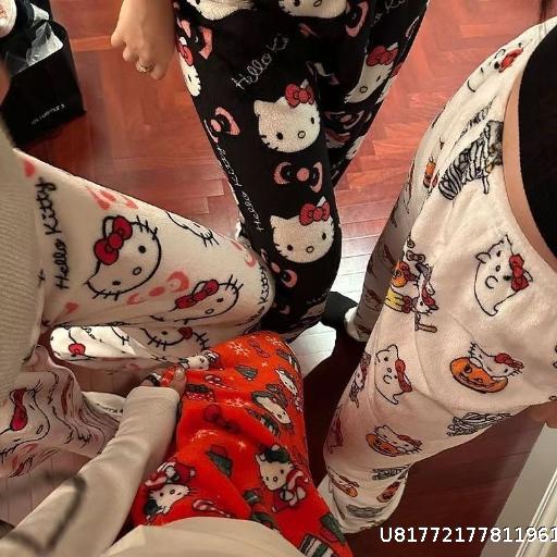  Flannel KT Cartoon Thick Sleeper Pants for Autumn and Winter Casual with Velvet Warm Home Pants Loose and Cute