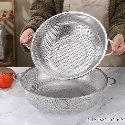 Thickened stainless steel drain basket, vegetable washing basin, leaky basin, household kitchen rice washing basin, rice sieving washing basket, vegetable washing basket, fruit and water basket