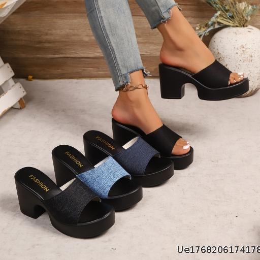  Summer High Heel Slippers with Feminine Style Denim 2025 New Large Coarse Heel Cool Slippers