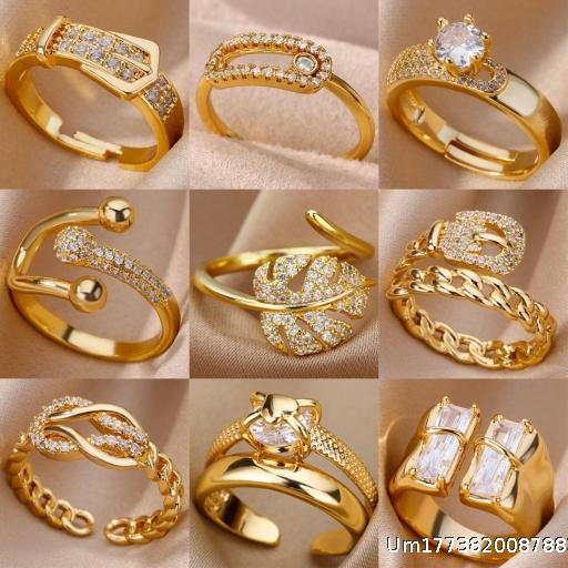 [Wholesale 5pcs] Hot selling 18K gold-plated full diamond light luxury non fading open ring for women, zircon leaf ring for women, high-end feel